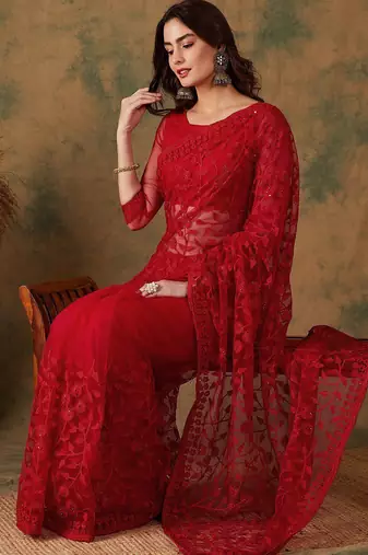 Red embroidered net sarees