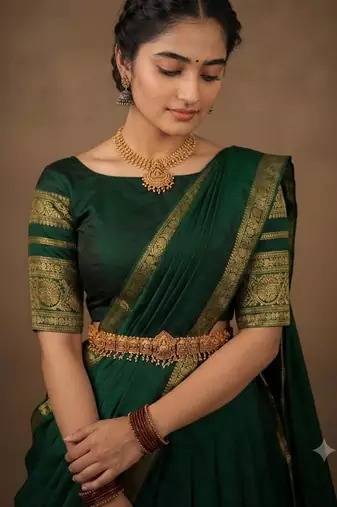 South Indian Style Semi-Stitched Half Saree with Blouse and Dupatta