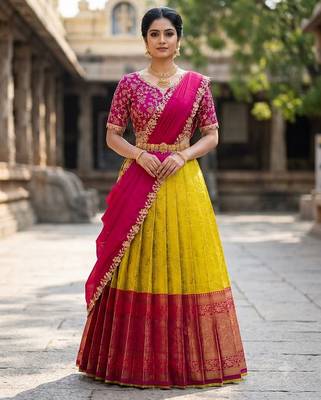 South Indian Style Semi-Stitched Half Saree with Blouse and Dupatta 1
