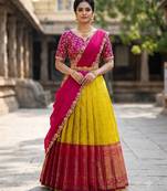 South Indian Style Semi-Stitched Half Saree with Blouse and Dupatta
