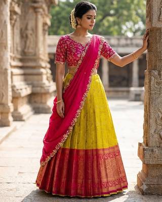 South Indian Style Semi-Stitched Half Saree with Blouse and Dupatta 2