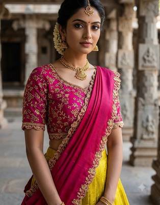 South Indian Style Semi-Stitched Half Saree with Blouse and Dupatta 3