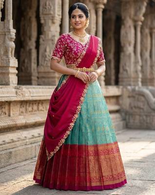 South Indian Style Semi-Stitched Half Saree with Blouse and Dupatta 1