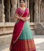 South Indian Style Semi-Stitched Half Saree with Blouse and Dupatta