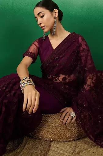 Burgundy embroidered saree