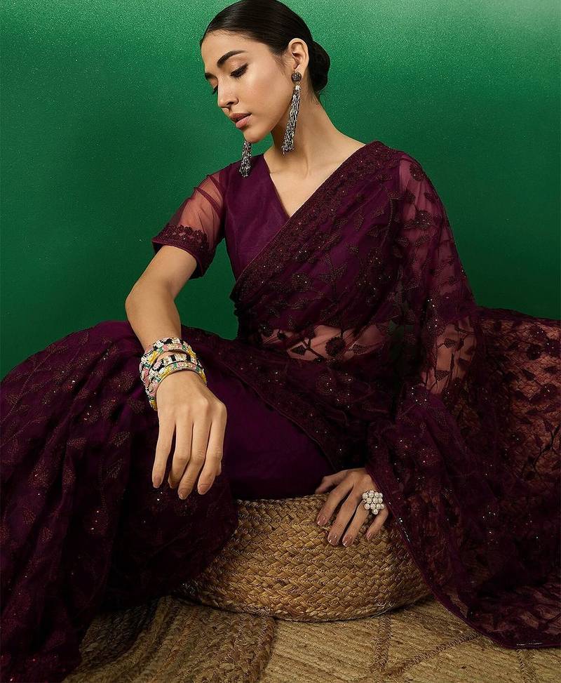 Burgundy embroidered saree
