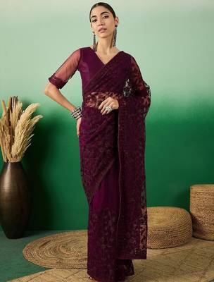 Burgundy embroidered saree 2