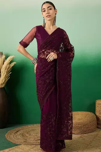 Burgundy embroidered saree