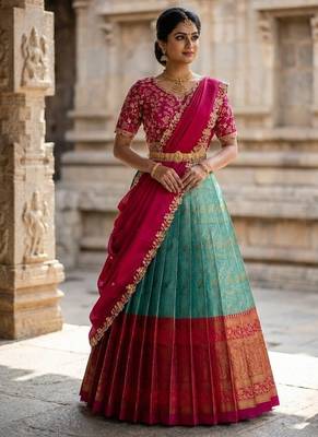 South Indian Style Semi-Stitched Half Saree with Blouse and Dupatta 2