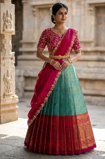 South Indian Style Semi-Stitched Half Saree with Blouse and Dupatta