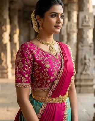 South Indian Style Semi-Stitched Half Saree with Blouse and Dupatta 3