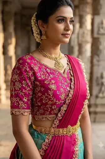South Indian Style Semi-Stitched Half Saree with Blouse and Dupatta