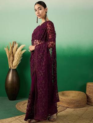 Burgundy embroidered saree 3