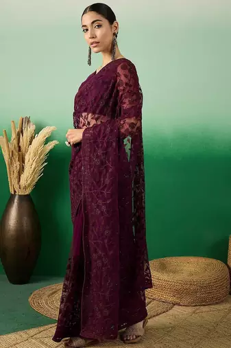 Burgundy embroidered saree
