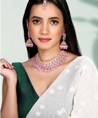 Kundan & beads studded lavender necklace earrings maangtikka set 1