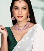 Kundan & beads studded lavender necklace earrings maangtikka set