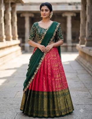 South Indian Style Semi-Stitched Half Saree with Blouse and Dupatta 1