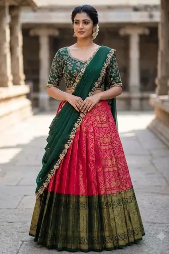 South Indian Style Semi-Stitched Half Saree with Blouse and Dupatta