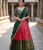South Indian Style Semi-Stitched Half Saree with Blouse and Dupatta