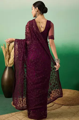 Burgundy embroidered saree