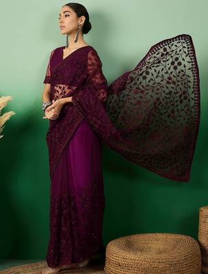 Burgundy embroidered saree 5