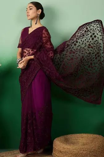 Burgundy embroidered saree