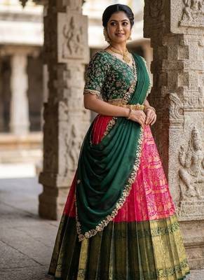 South Indian Style Semi-Stitched Half Saree with Blouse and Dupatta 2