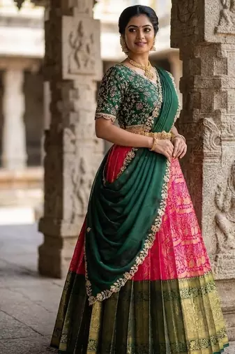 South Indian Style Semi-Stitched Half Saree with Blouse and Dupatta