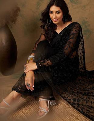 Black floral embroidered net saree 1