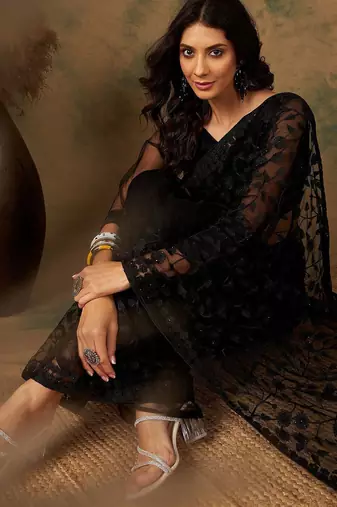 Black floral embroidered net saree