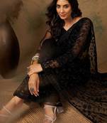 Black floral embroidered net saree