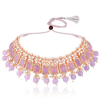 Kundan & beads studded lavender necklace earrings maangtikka set 3