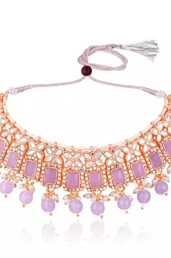 Kundan & beads studded lavender necklace earrings maangtikka set