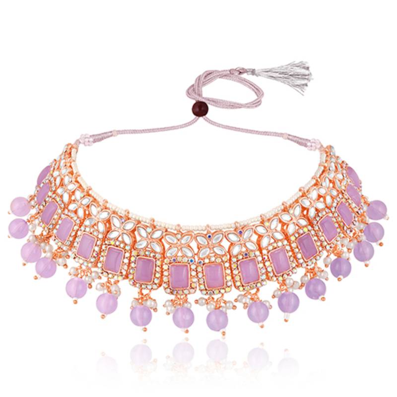 Kundan & beads studded lavender necklace earrings maangtikka set