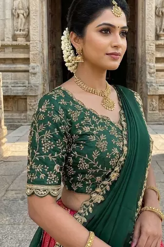 South Indian Style Semi-Stitched Half Saree with Blouse and Dupatta