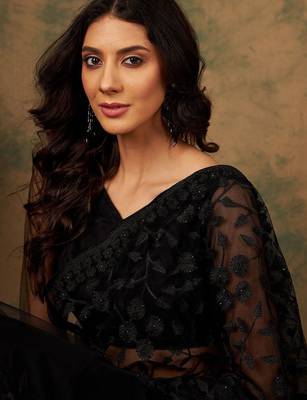 Black floral embroidered net saree 2