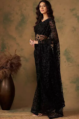 Black floral embroidered net saree
