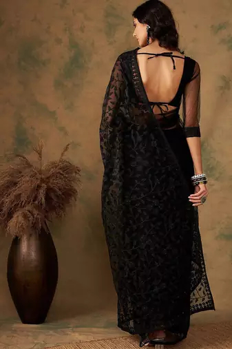 Black floral embroidered net saree