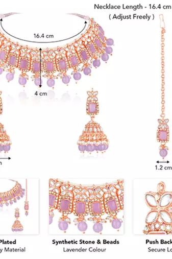 Kundan & beads studded lavender necklace earrings maangtikka set