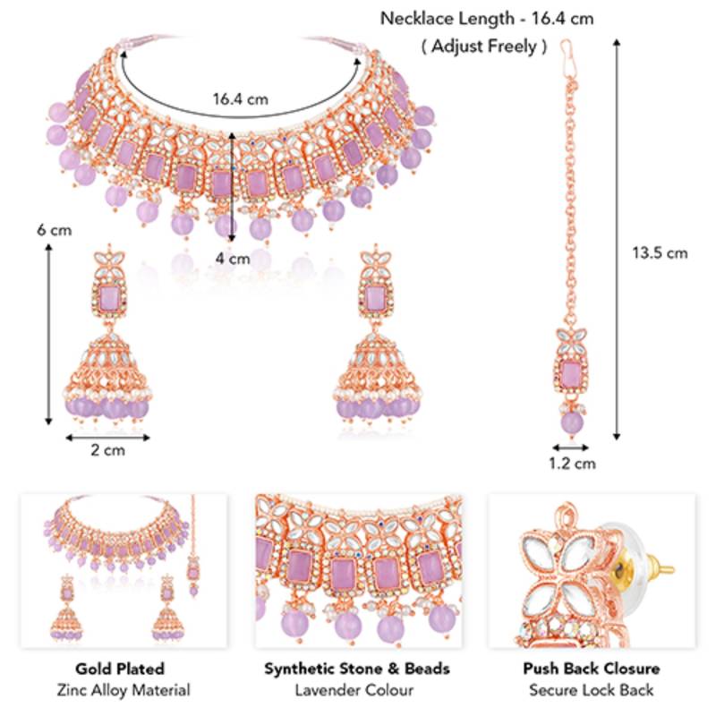 Kundan & beads studded lavender necklace earrings maangtikka set
