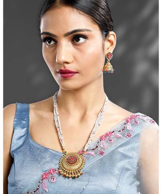 Rani pink & green synthetic stone & beads studded long necklace 1