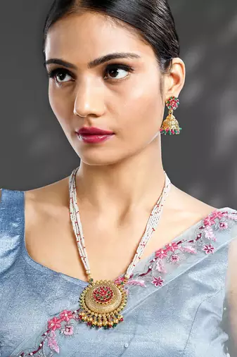 Rani pink & green synthetic stone & beads studded long necklace