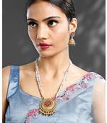 Rani pink & green synthetic stone & beads studded long necklace