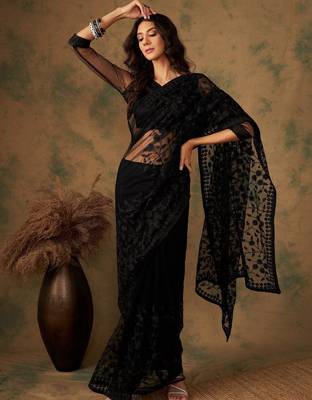 Black floral embroidered net saree 5