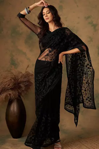 Black floral embroidered net saree