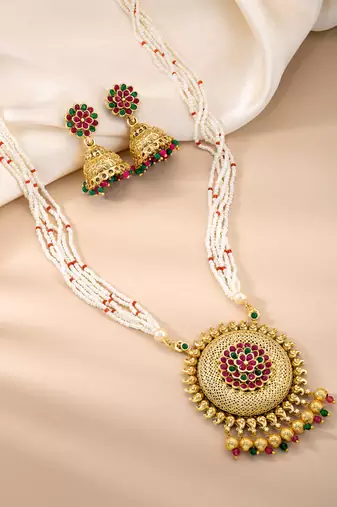 Rani pink & green synthetic stone & beads studded long necklace