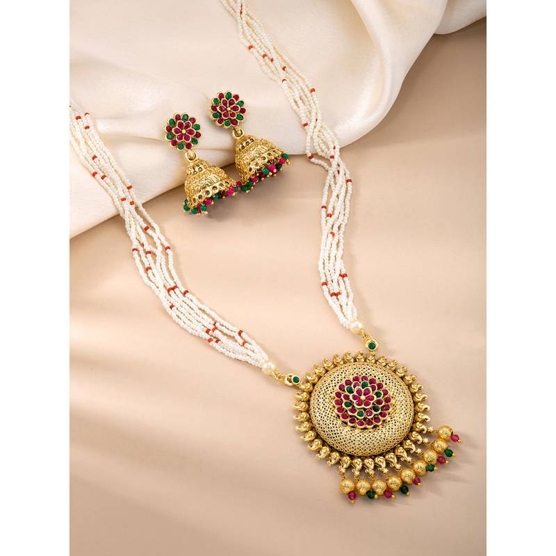 Rani pink & green synthetic stone & beads studded long necklace