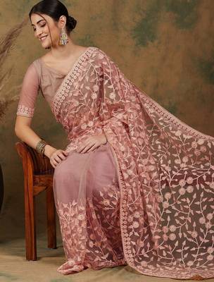 Peach peach-coloured floral embroidered net saree 1
