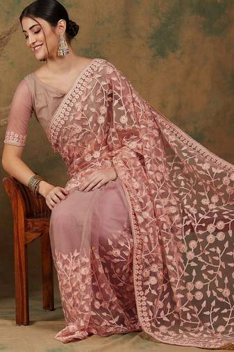 Peach peach-coloured floral embroidered net saree