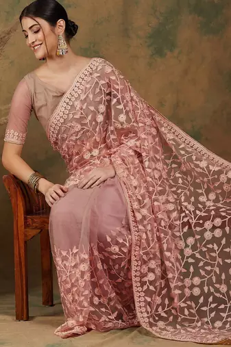 Peach peach-coloured floral embroidered net saree